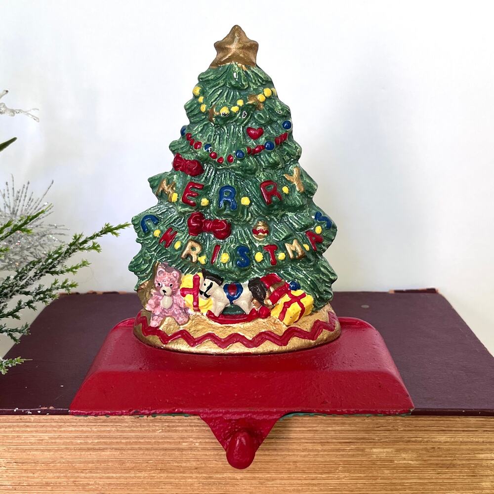 Vintage Heavy Cast Iron Christmas Tree Stocking Holder Hand Painted Country